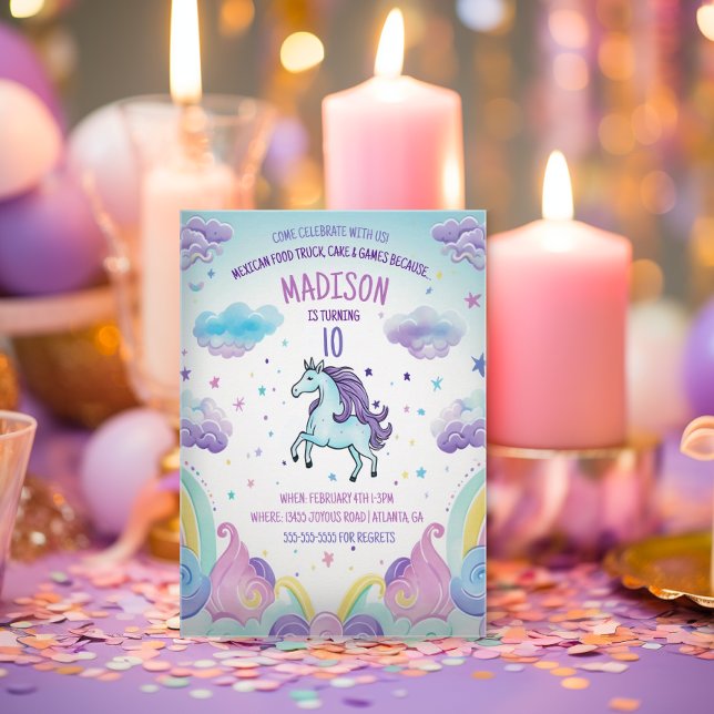Invitation Bleu magique et violet Unicorne fête d'anniversair (Cute Unicorn Invitation)