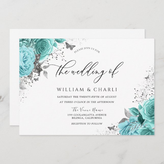 Invitation Bleu Magique Turquoise Aqua Roses Floral Mariage (Devant / Derrière)