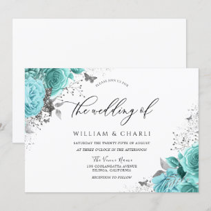 Invitation Bleu Magique Turquoise Aqua Roses Floral Mariage