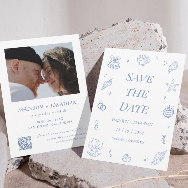 Invitation Bleu Main tiré mariage côtier Enregistrer la date (Créateur téléchargé)