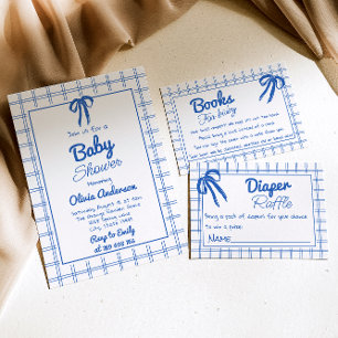 Invitation Bleu Main Tirée Bow En vichy Baby shower garçon