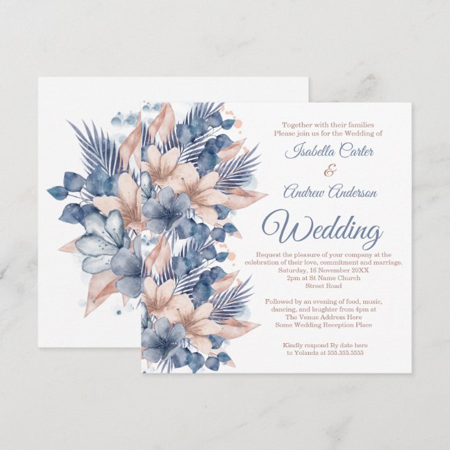 Invitation Bleu mariage Pêche Beige Floral Blanc (Devant / Derrière)