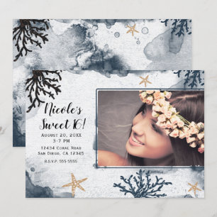 Invitation Bleu Marin Corail Aquarelle Douce Photo 16