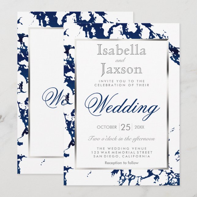 Invitation Bleu Marine, Argent et Blanc (Devant / Derrière)