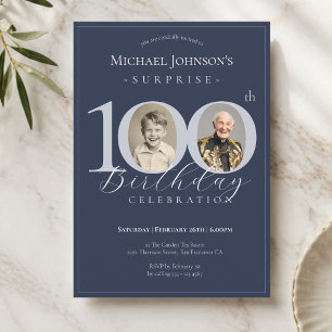 Invitation Bleu Marine Argent Photo Surprise 100e Anniversair