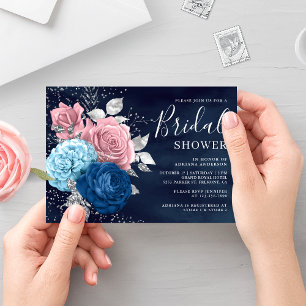 Invitation Bleu marine argent rose poussiéreux floral douche