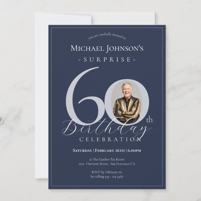 Invitation Bleu Marine Argent Surprise 60e Anniversaire (Devant)