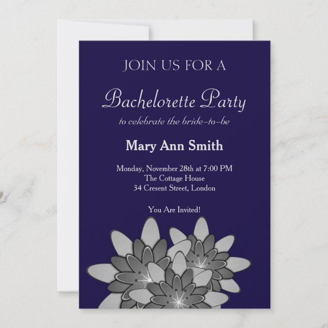 Invitation Bleu marine avec lotus floral gris (Devant)