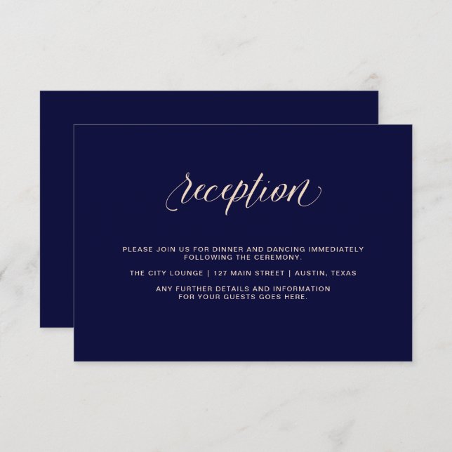 Invitation Bleu marine avec typographie rose blush | Réceptio (Devant / Derrière)