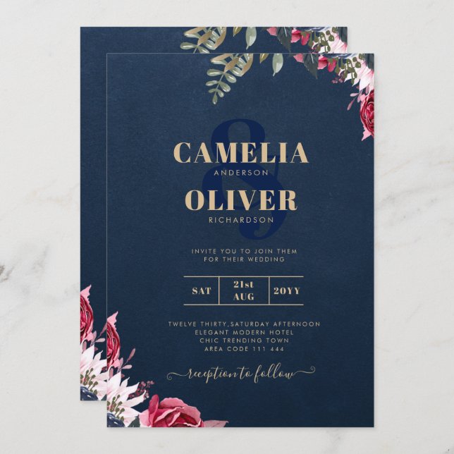 Invitation Bleu marine baie floral bordeaux hiver automne (Devant / Derrière)
