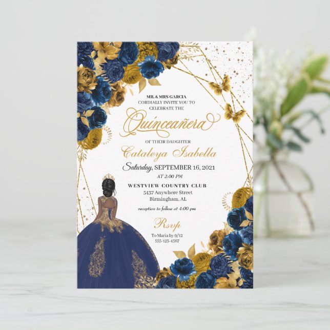 Invitation Bleu Marine & Beurre d'or Princesse Quinceanera (Debout devant)