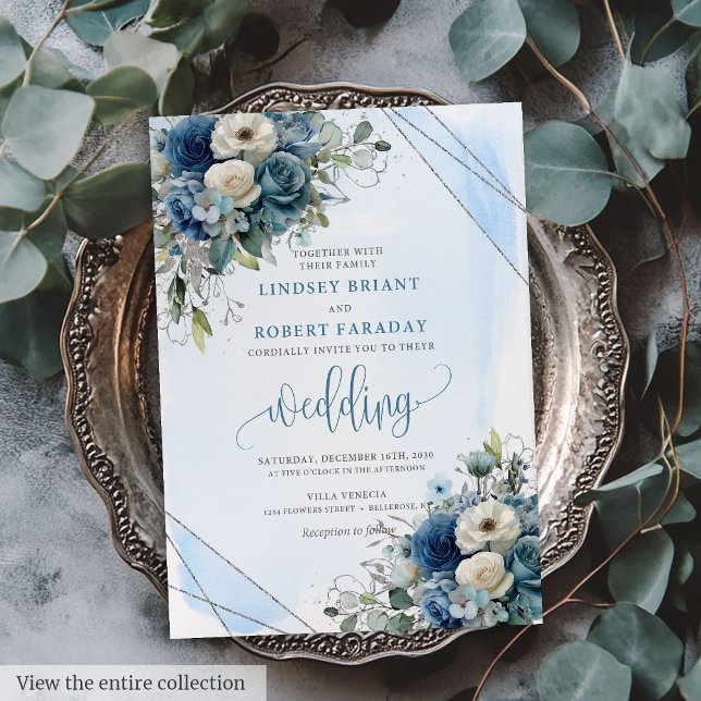 Invitation Bleu Marine Bleu Argent Blanc Roses Mariage Invita (Lovely Navy Blue Silver White Roses Wedding Invite)