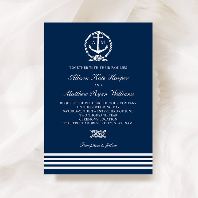 Invitation Bleu marine Bleu Blancs Ancres Mariage (Créateur téléchargé)