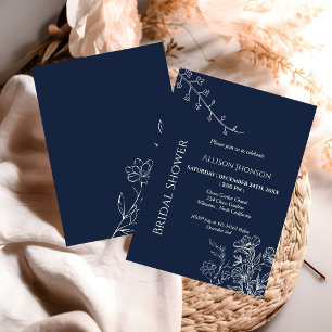Invitation Bleu marine boho Fleur sauvage douche nuptiale