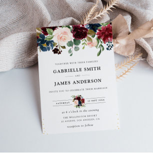 Invitation bleu marine & bordeaux aquarelle mariage floral