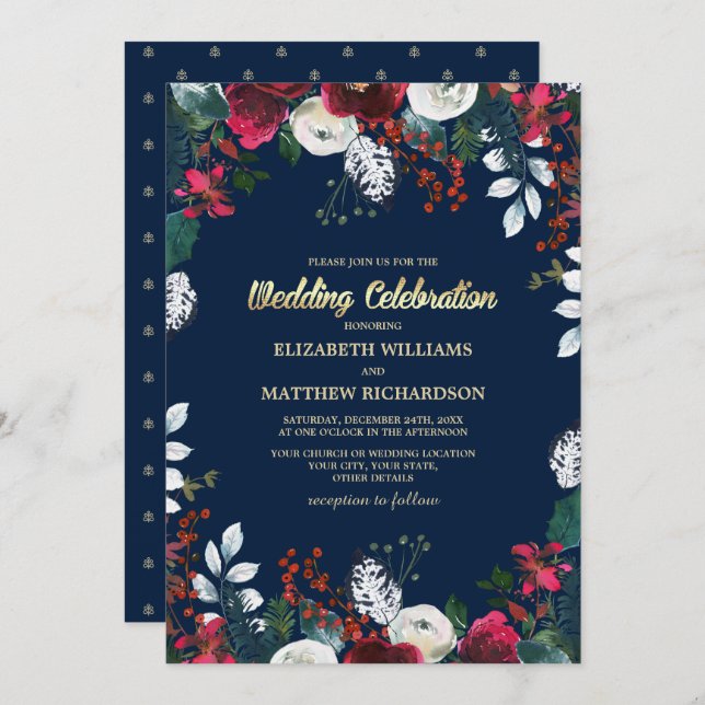 Invitation Bleu Marine | Bourgogne Mariage de la Bloom Rouge (Devant / Derrière)