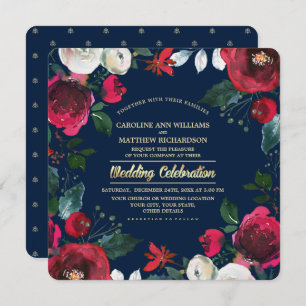 Invitation Bleu Marine Bourgogne Red Bloom Wedding Invitati