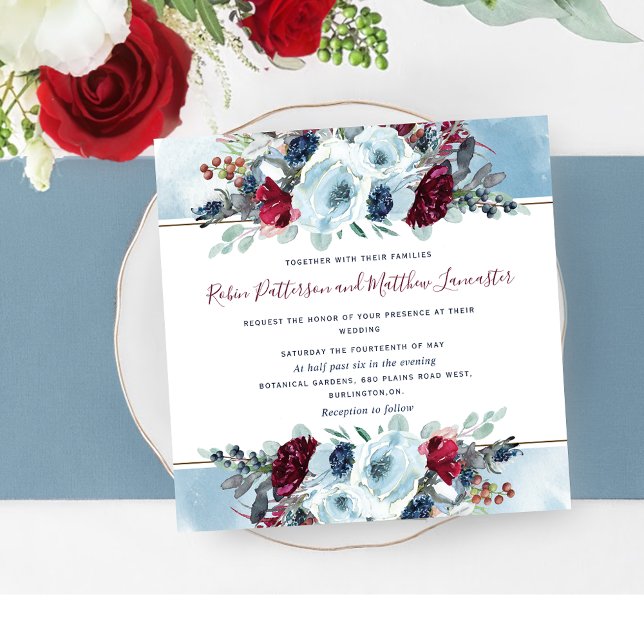Invitation Bleu, marine Bourgogne rouge et violet Mariage flo (Créateur téléchargé)