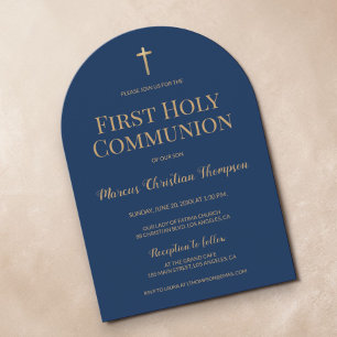 Invitation Bleu marine Croix dorée Garçon Première communion 