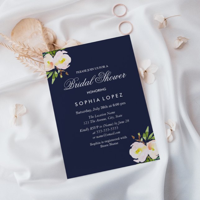 Invitation Bleu marine Elégant Floral Bridal Showboat Invitat (Créateur téléchargé)
