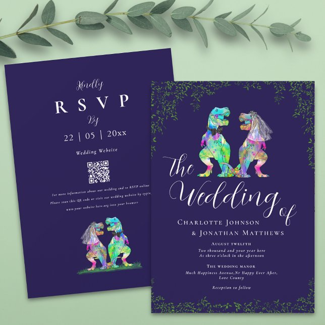 Invitation Bleu marine et blanc Code QR élégant de mariage de (Navy blue colorful T-Rex bride and groom dinosaur wedding qr code invitation Elegant script )