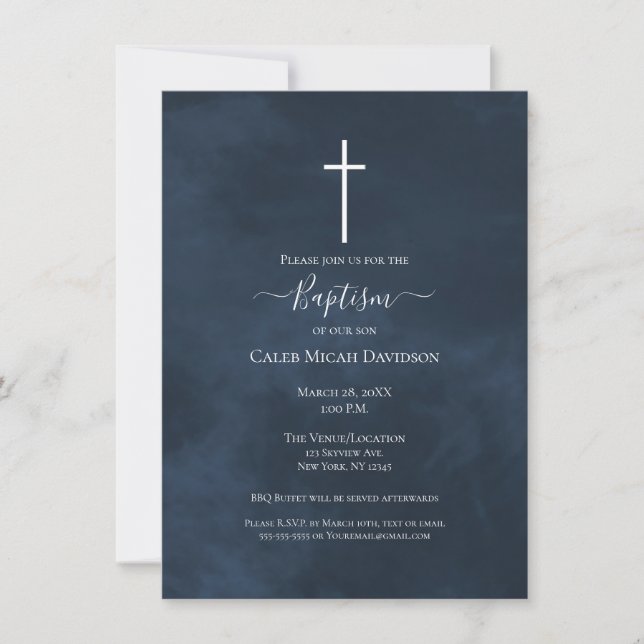 Invitation Bleu marine et croix blanche baptême moderne (Devant)