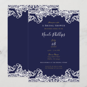 Invitation Bleu marine et dentelle blanche Élégante douche de