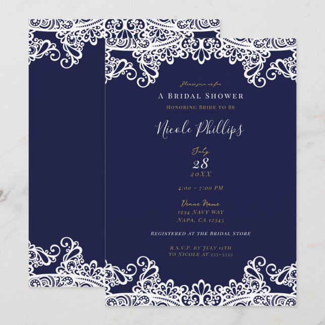Invitation Bleu marine et dentelle blanche Élégante douche de (Devant / Derrière)