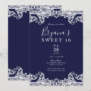 Invitation Bleu marine et dentelle blanche Fête élégante pour