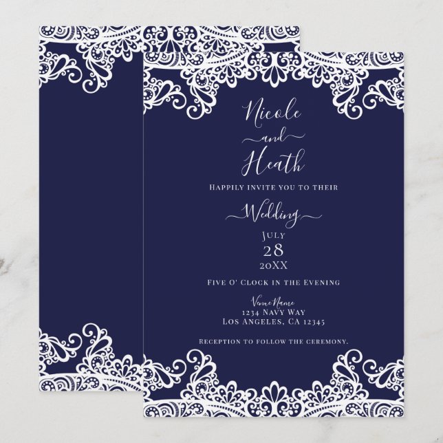 Invitation Bleu marine et dentelle blanche mariage élégant (Devant / Derrière)