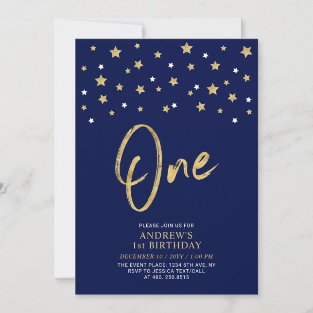 Invitation Bleu marine et étoile dorée | Un an | Fête d'anniv (Devant)
