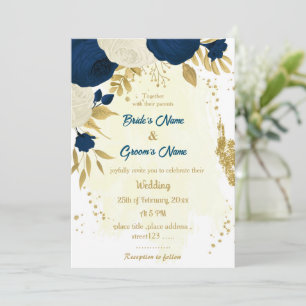 Invitation bleu marine et fleurs blanches or mariage