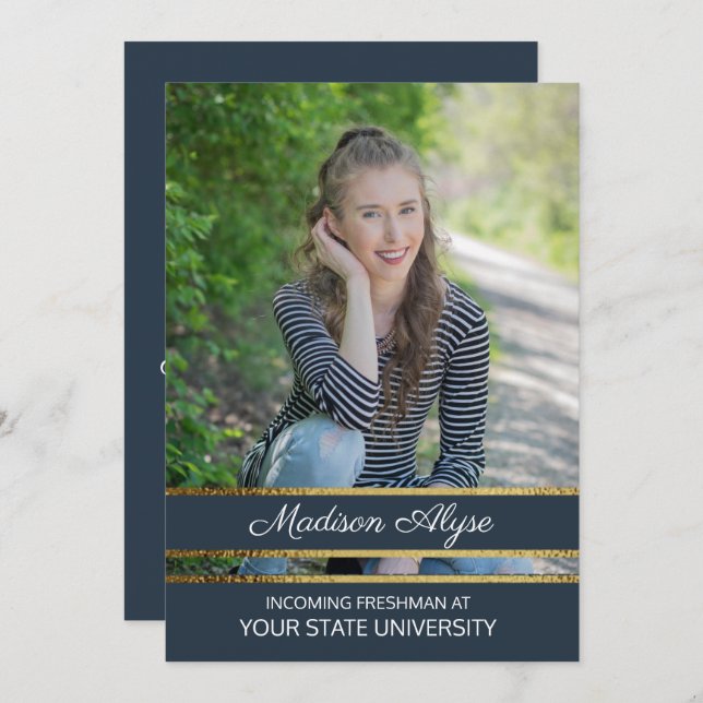 Invitation Bleu Marine et Gold Photo Trunk Party (Devant / Derrière)