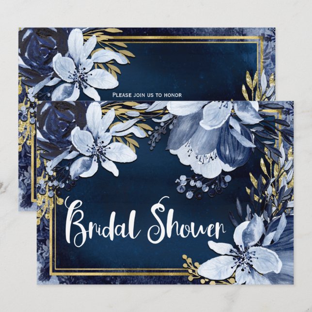 Invitation Bleu marine et or Élégant floral moderne aquarelle (Devant / Derrière)
