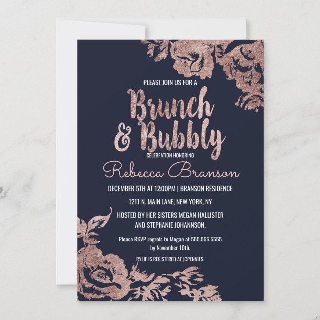 Invitation Bleu marine et or Rose Brunch floral et Bubbly (Devant)