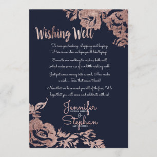Invitation Bleu marine et or Rose Floral Wishing well