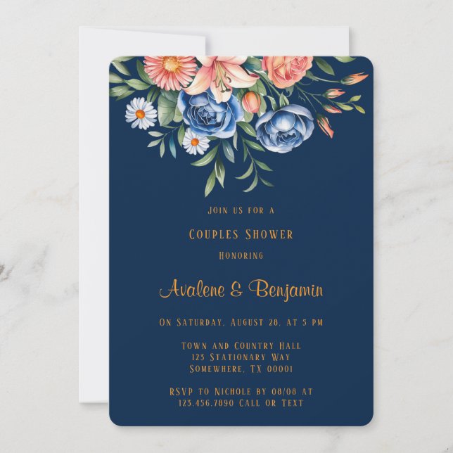 Invitation Bleu marine et orange Peony Couples douche (Devant)