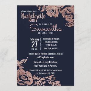 Invitation Bleu marine et Rose Gold Floral Bachelorette Party