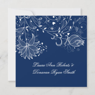 Invitation Bleu marine et tourbillons floraux blancs après le