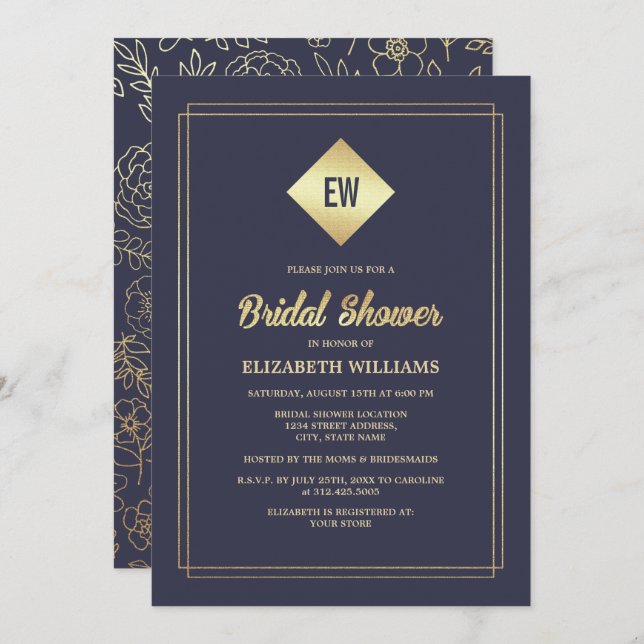 Invitation Bleu Marine | Fête des mariées Gold Foil (Devant / Derrière)