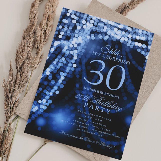 Invitation Bleu marine | Fête surprise pour 30 ans  (Navy Blue | Surprise 30th Birthday Party Invitation)