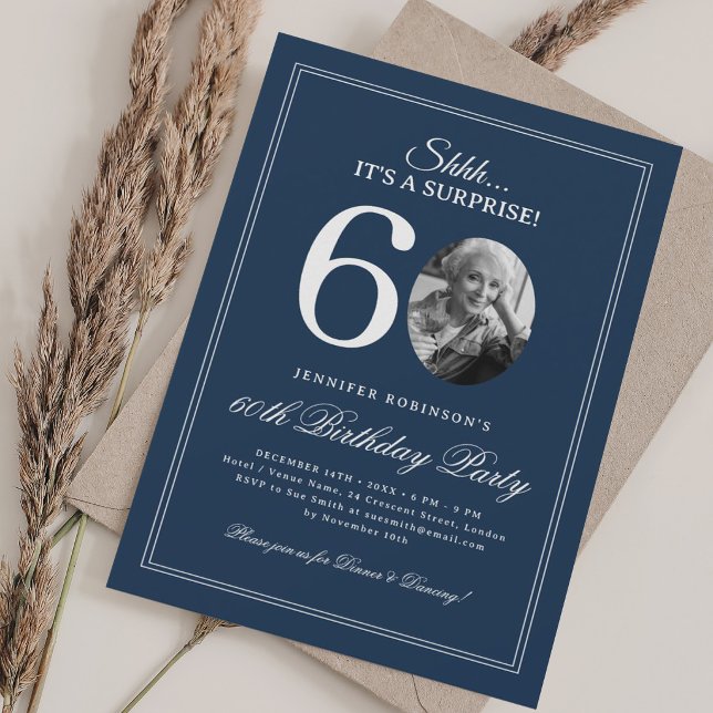 Invitation Bleu Marine | Fête surprise pour 60 ans (Navy Blue | Surprise 60th Birthday Party Invitation)