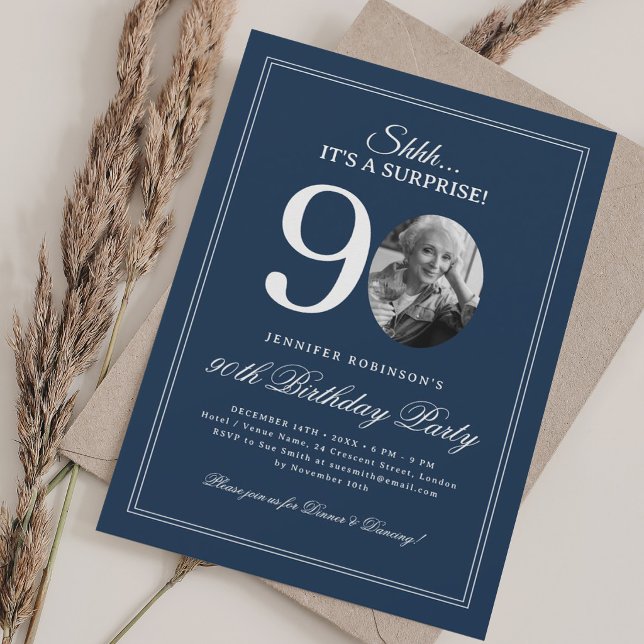 Invitation Bleu marine | Fête surprise pour 90e anniversaire (Navy Blue | Surprise 90th Birthday Party Invitation)