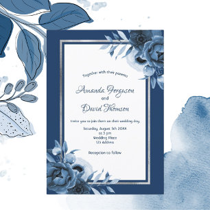 Invitation bleu marine flancs blancs argent mariage