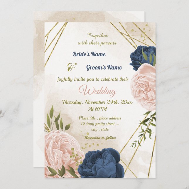 Invitation bleu marine fleurs vert feuille mariage (Devant / Derrière)