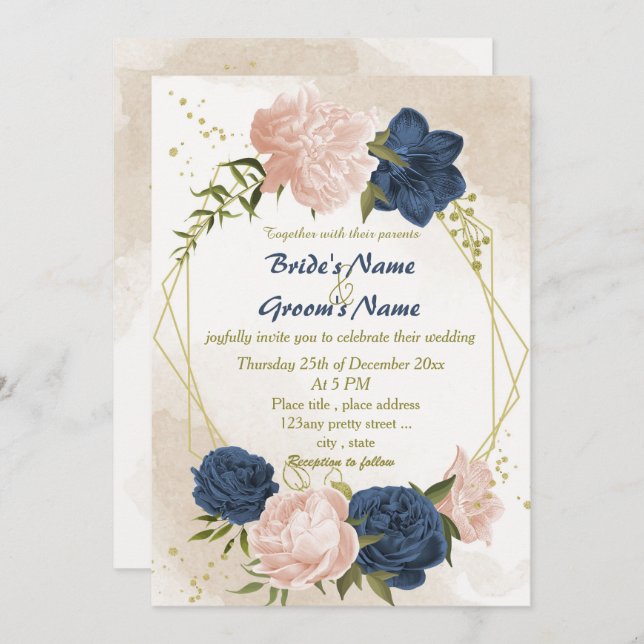 Invitation bleu marine fleurs vert feuille mariage géométriqu (Devant / Derrière)