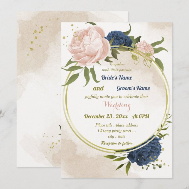 Invitation bleu marine fleurs vert feuille mariage géométriqu (Devant / Derrière)