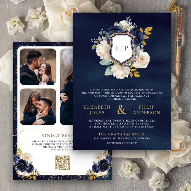 Invitation Bleu marine floral Code QR Photo Blason Mariage (Créateur téléchargé)
