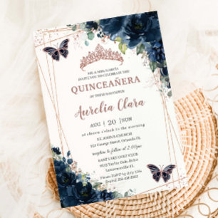 Invitation Bleu marine floral Quinceañera rose doré floral