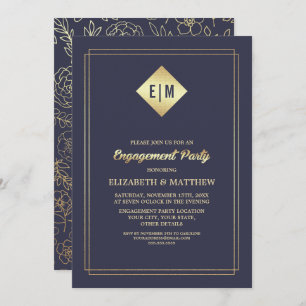 Invitation Bleu Marine   Gold Floral Patal Engagement Party
